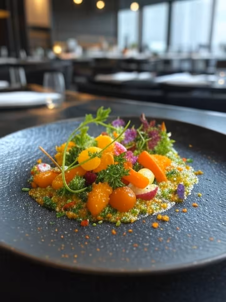 Artistic plant-based fine dining dish with vibrant colors, innovative culinary presentation on dark 