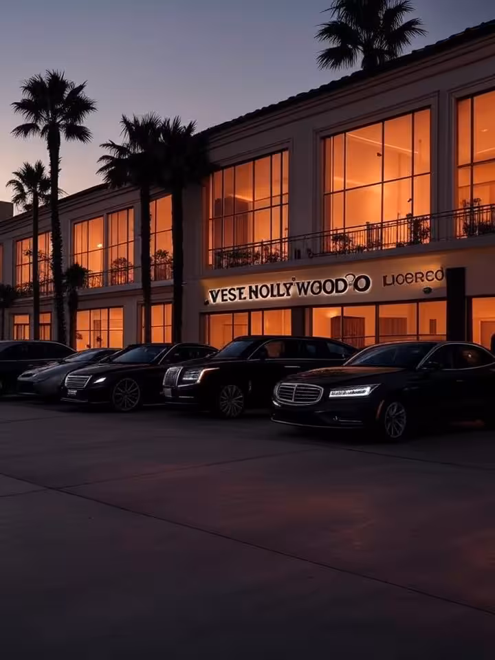 Exterior establishing shot of iconic West Hollywood private club building at dusk, palm tree silhoue