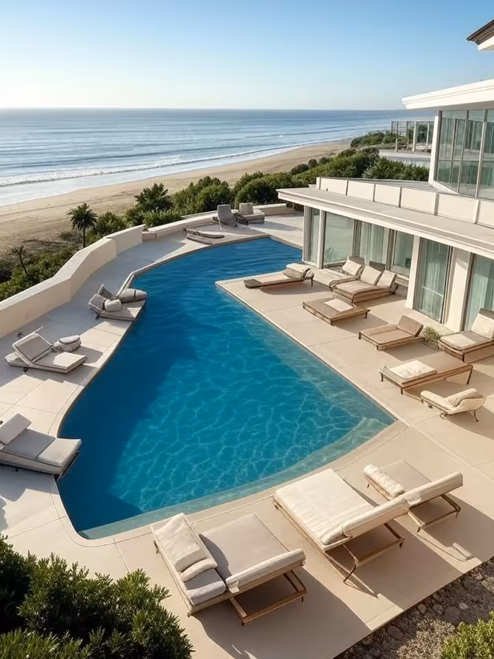 Aerial view of Malibu beach house infinity pool overlooking Pacific Ocean, luxurious outdoor lounge 