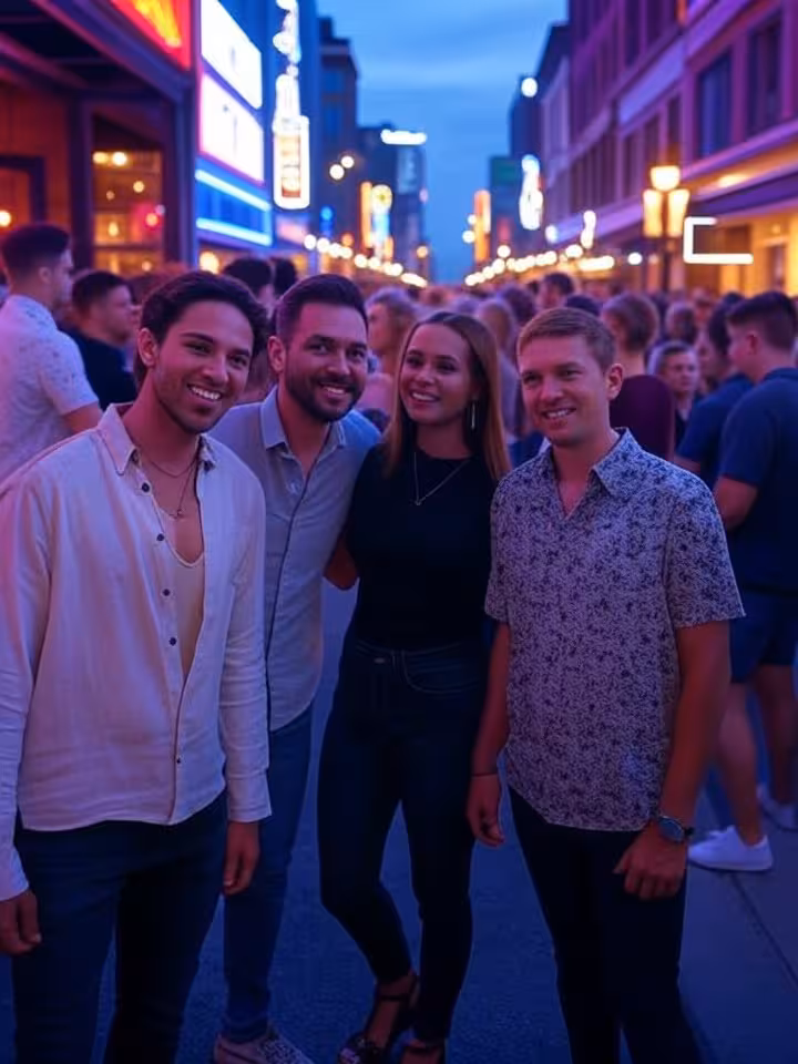 CMA Fest atmosphere on Nashville Broadway street, vibrant nightlife energy, neon signs and honky-ton